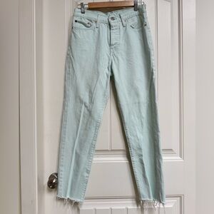 Levi’s 501 Pastel Green 100% Cotton Cropped Raw Cuff Jeans. 28” by 27”